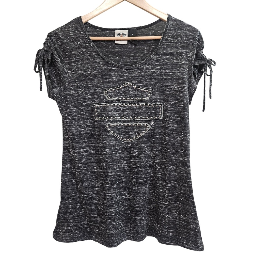 Harley Davidson Shirt Women M Gray Short Sleeve Studded Logo USA Moto Grunge Y2K
